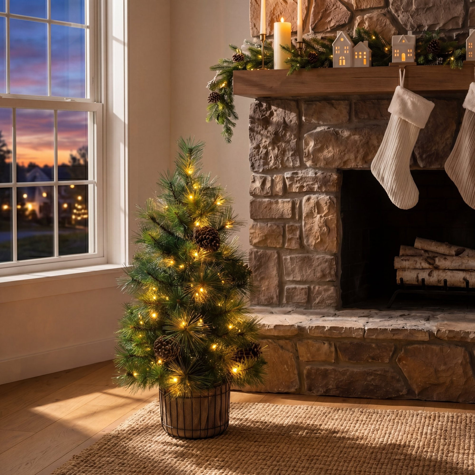 3ft. Pre-Lit Artificial Christmas Tree in Jute Wire Planter with 50 LED Lights