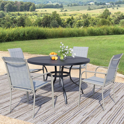 5-Piece Outdoor Dining Set, Round Mesh Table With 4 Beige Chairs, Black Patio Table With Umbrella Hole For Garden, Yard, Patio