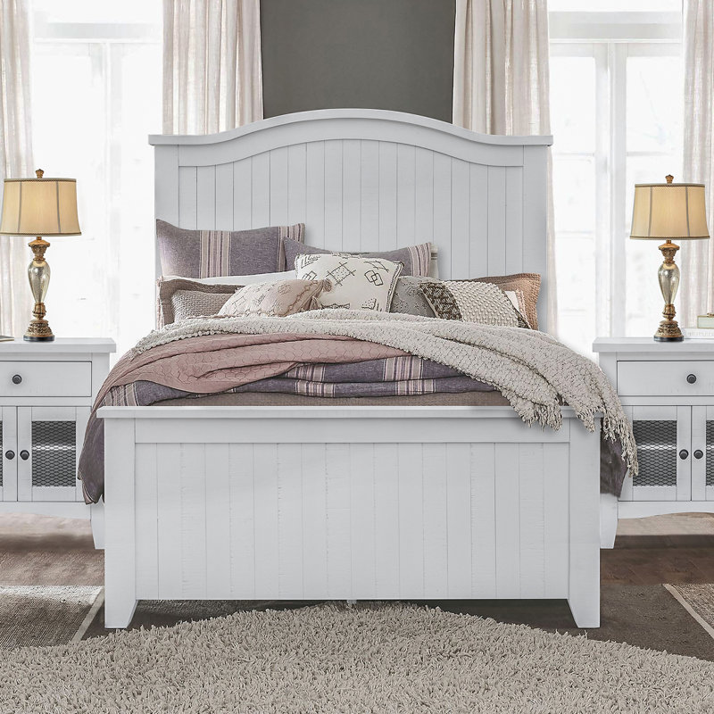Epes Solid Wood Panel Bed in Vintage White, Queen