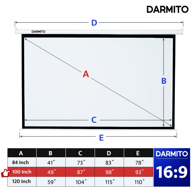 Darmito Dual-Plug Electric Projector Screen Projector Screen, 100 Inch