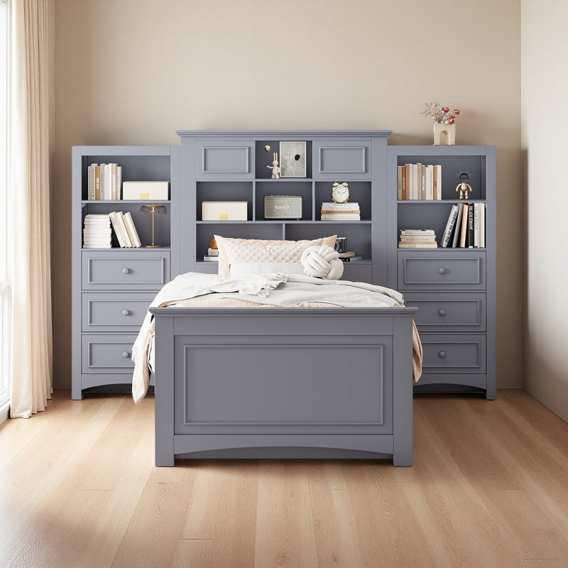 Lit plateforme en bois avec tiroirs et compartiments de rangement, Gris