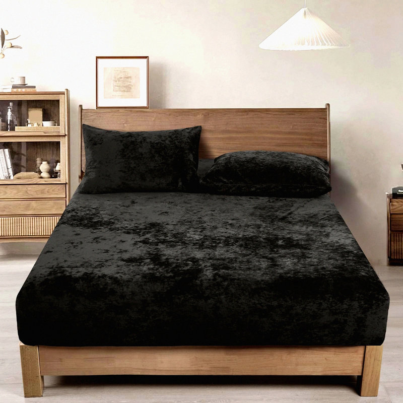 Luxury Velvet Cozy Queen Fitted Sheet - Super Soft Flannel Bottom Sheet with Deep Pocket - Fall Winter Spring Bedding - Black - 1 Pack