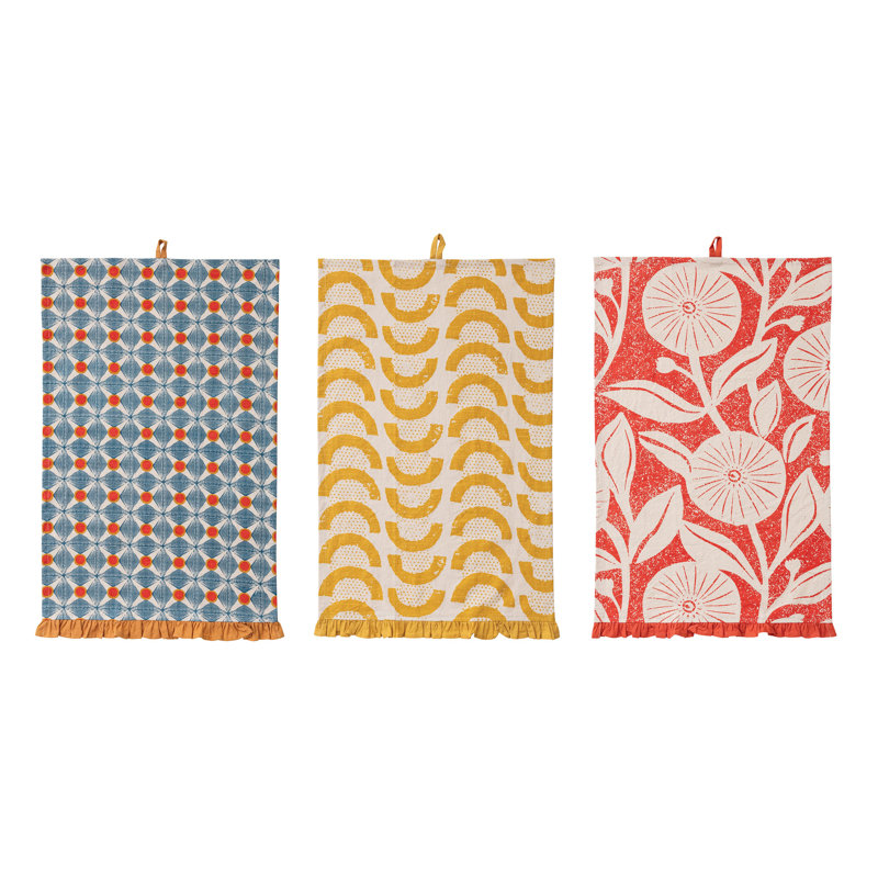 Cotton Printed Tea Towel Set With Ruffle