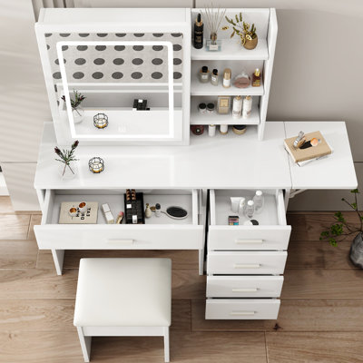 Fashion Vanity Desk With Mirror And Lights For Makeup With Open Shelves And Chair, Vanity Mirror With Lights And Table Set With 3 Color Lighting Brightness Adjustable, 5 Drawers, White Color