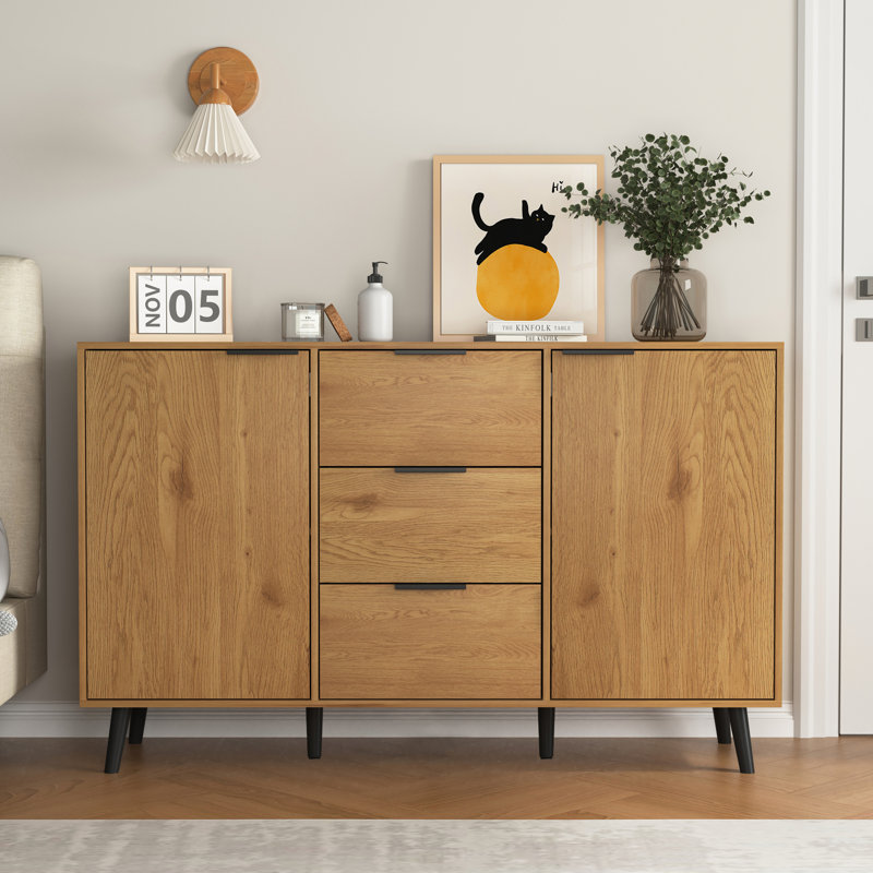 Sideboard Buffet Cabinet With Storage, Wood Coffee Bar Cabinet, 47.2" Kitchen Cabinet With 3 Drawers & 2 Doors, Kitchen Buffet Cabinet Cupboard Natural Wood Color