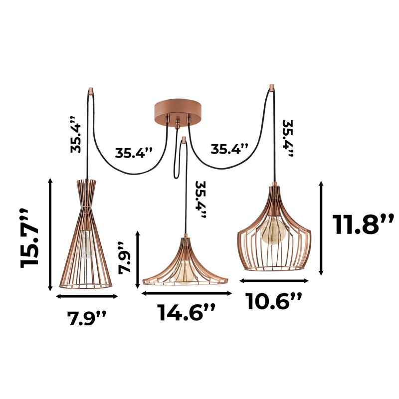 Adjustable Height Metal Body 3 Lights Chandelier
