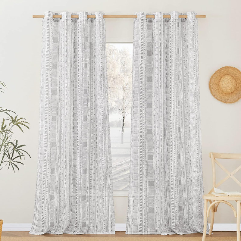  Boho Curtains for Living Room Flax Linen Sheer, Farmhouse Semi Sheer Curtains with Bohemian Stripe Pattern, Privacy Light Filtering Drapes for Bedroom/Dining Room, 1 Pair