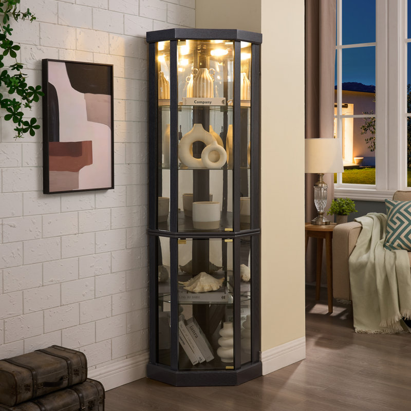 Lighted Corner Curio Cabinet - Elegant Glass Display Case For Living Room & Bar Storage - For Antique Collections & Wine - Includes Built-In Lighting - Black