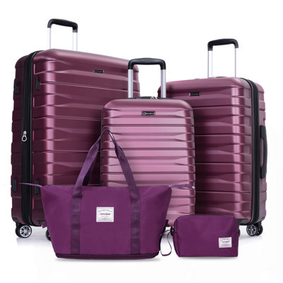Luggage set of 5 pieces, expandable hard PC luggage set with TSA lock for rotating wheels, lightweight rolling luggage for men and women Wine Red