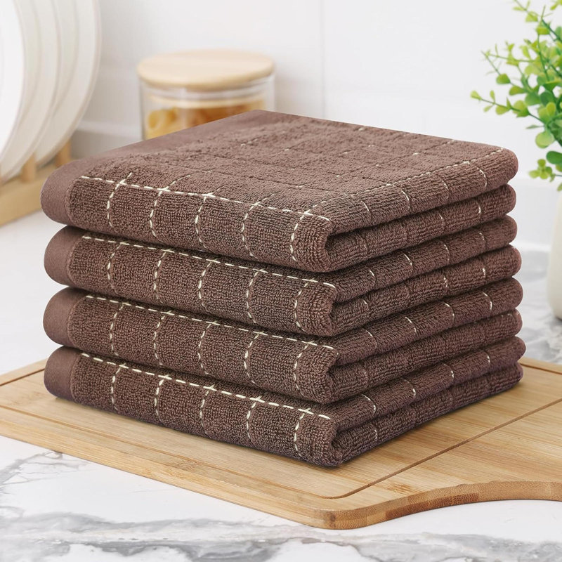 Linges à vaisselle 100% coton éponge à carreaux, doux et super absorbants, paquet de 4, Brun