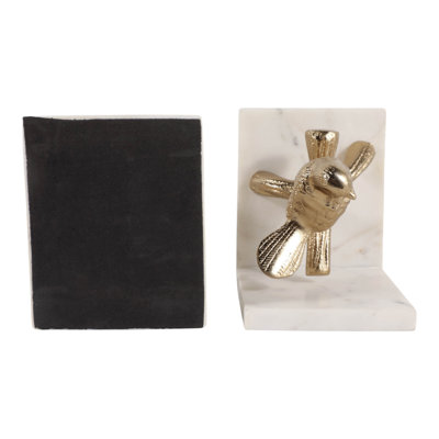 Decorative Marble Bird on Branch Bookends for Bookshelf and Shelf Decor - Modern Metal Accent Styling for Home Desk Display - Set of 2, 6", Gold & White