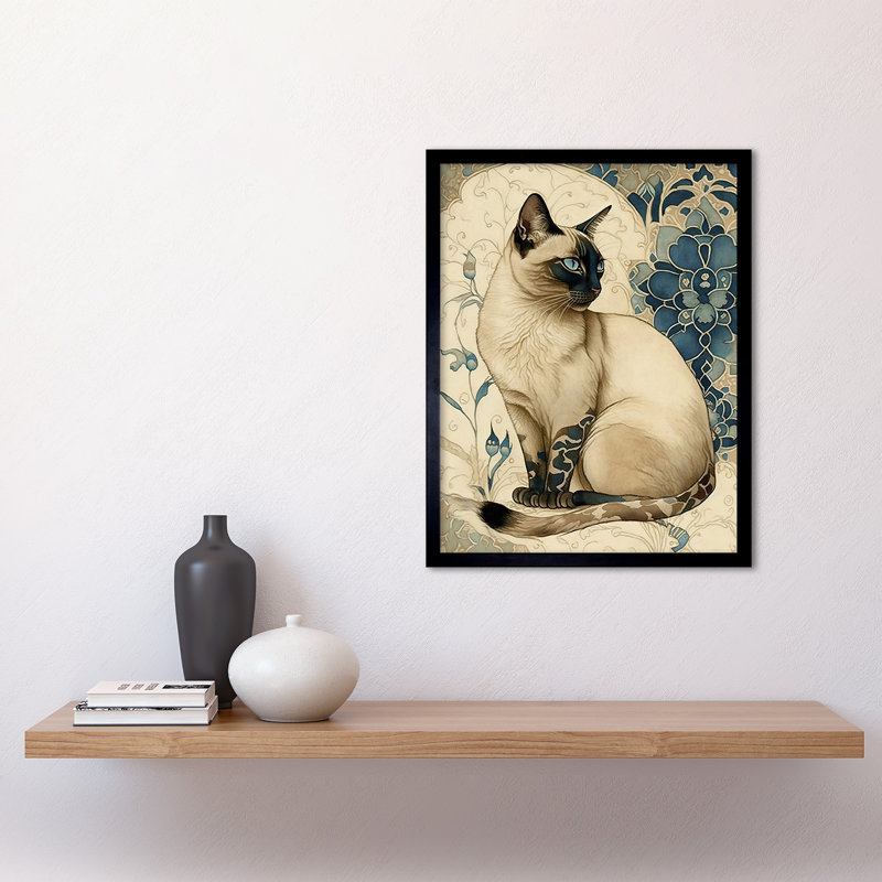 Siamese Cat With Blue Flower Pattern Modern Nouveau Watercolour - Single Picture Frame Print