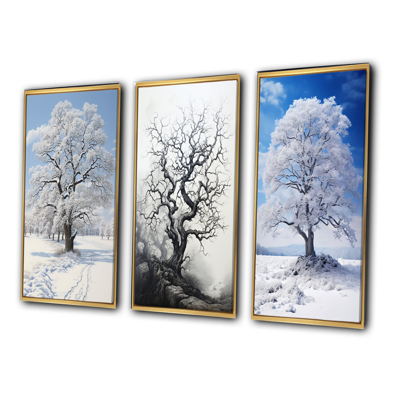 «White Tree Winters Grace», 3 pièces sur toile, Encadrement doré, H 40 po x l 60 po