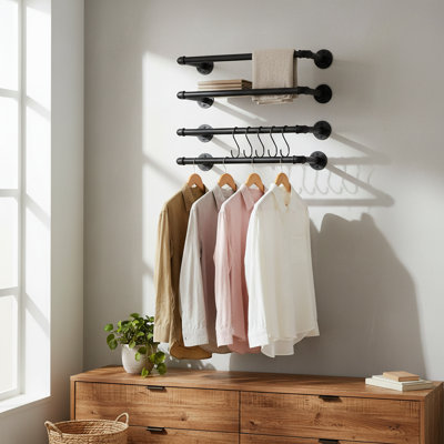 Industrial Wall-Mounted Pipe Clothing Rack, 21.6" Heavy-Duty Black Iron Bar