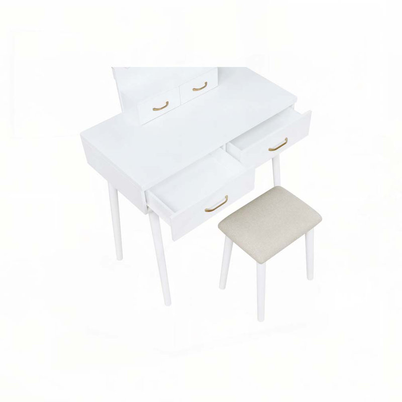 Beautiful White Finish Vanity Dresser with Mirror and Stool Set Storage Drawers Luxury Furniture 1pc LED Mirror, White