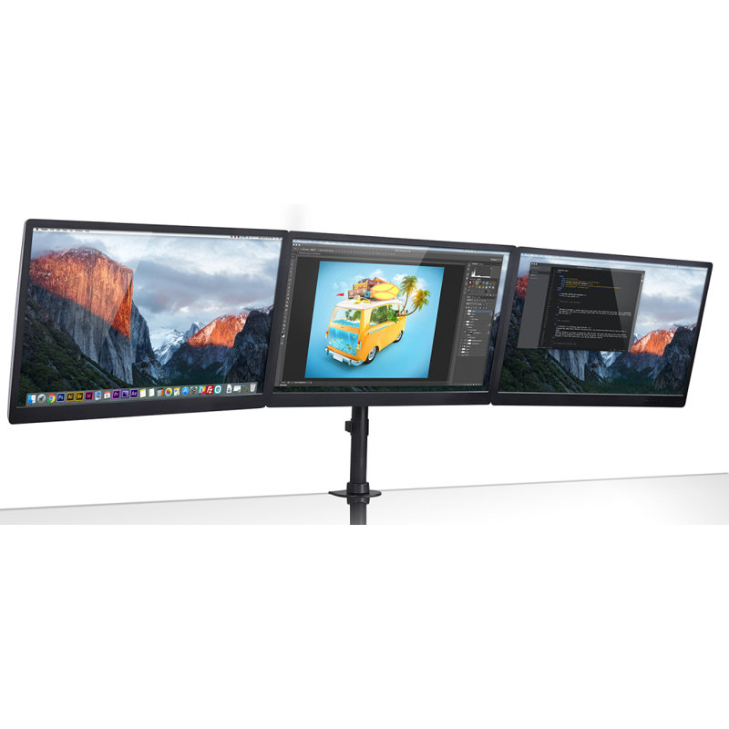 Black Adjustable Triple Monitor Desk Mount with Steel and Aluminum Arms