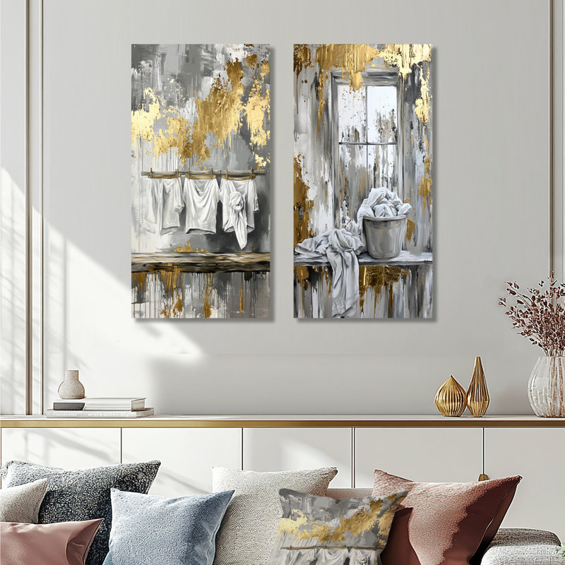 «Gray Laundry Day Laundry III» - ensemble d'art mural 2 pièces, Toile tendue, H 28 po x l 24 po