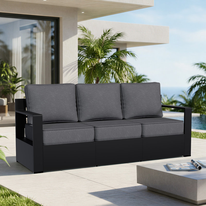 Oneita Modern Outdoor Aluminum Patio 3-Seater Sofa with 6inch Thick Grey Cushions, Gray