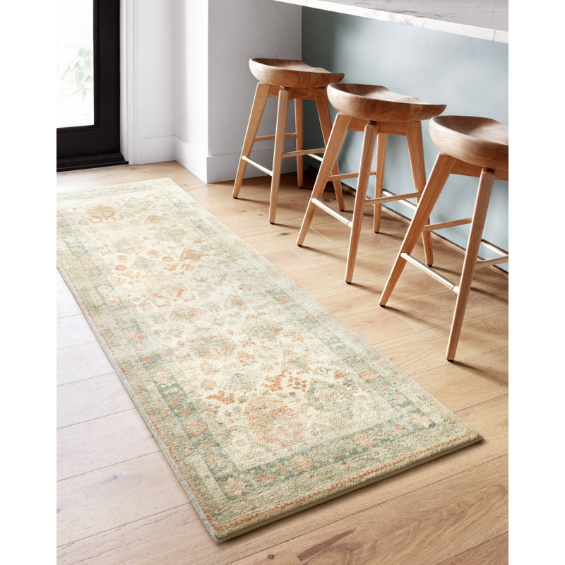 Tapis oriental beige / brun / vert foncé, Tapis de couloir 2 pi 2 po x 5 pi