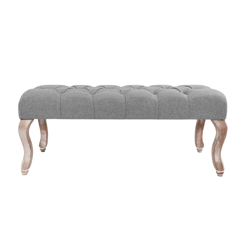 Vintage Upholstered Button Tufted Bench Entryway Ottoman With Rubber Wood Legs For Dining Room Bedroom, Gray