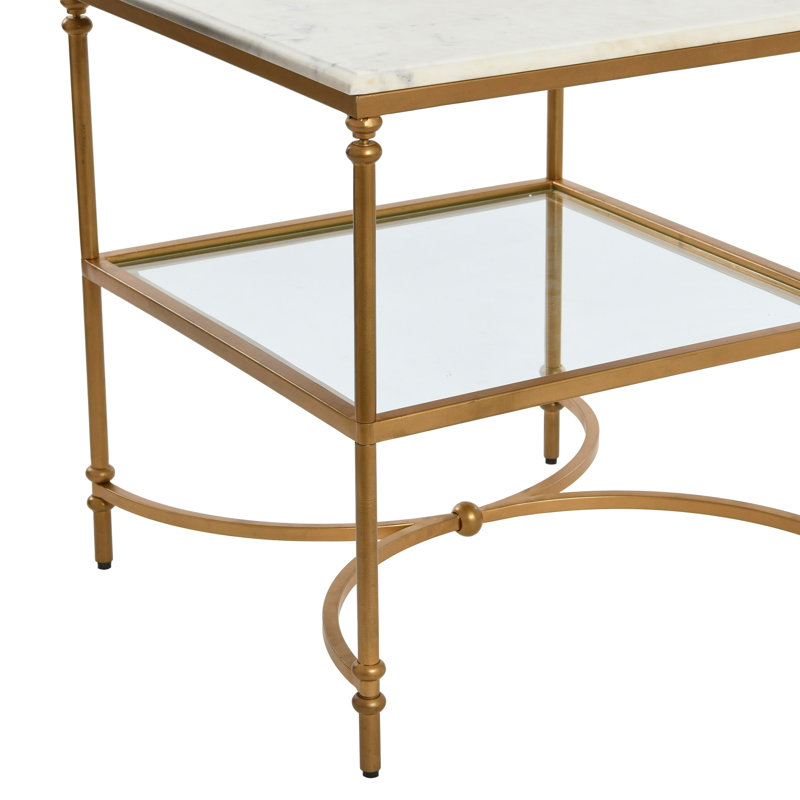 Libertine Genuine Marble and Metal End Table with Glass Storage Shelf, Gold