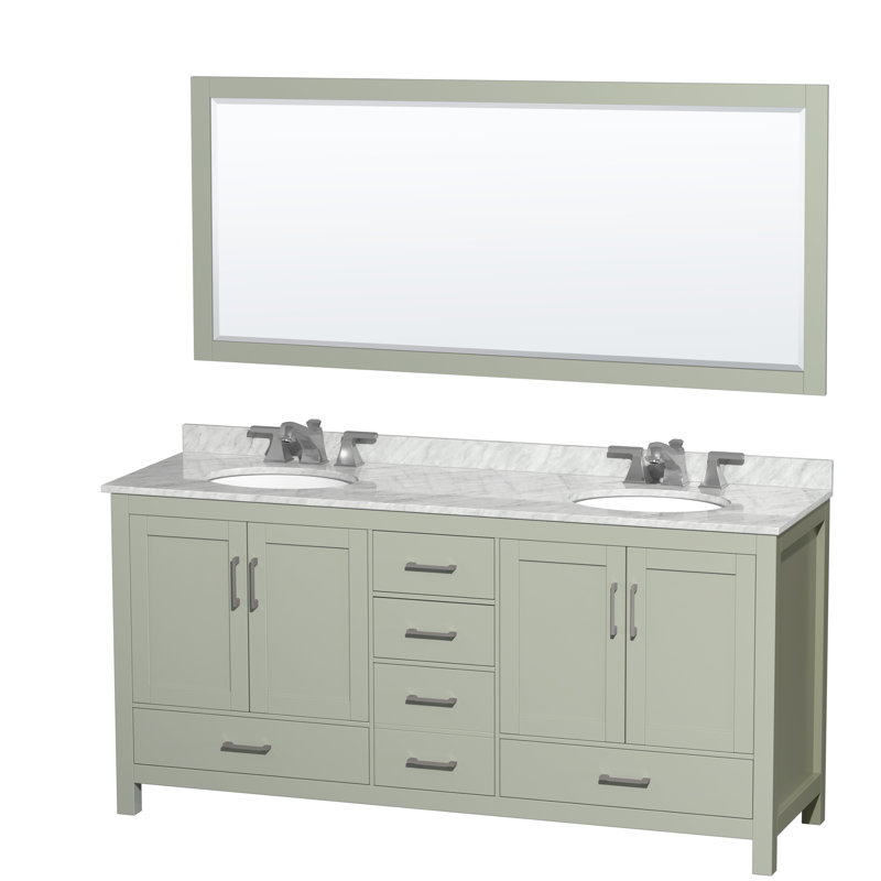 Sheffield 72" Double Bathroom Vanity Set with Mirror, White Carrara Marble, 8" Widespread, Light Green