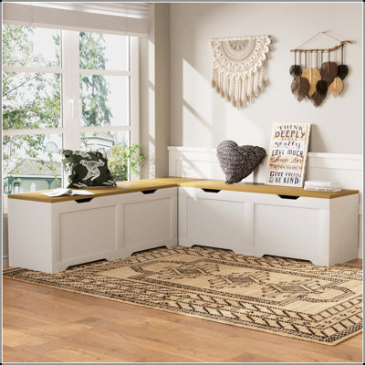 3-Piece L-Shaped Modular Storage Bench with Cushion - White and Natural