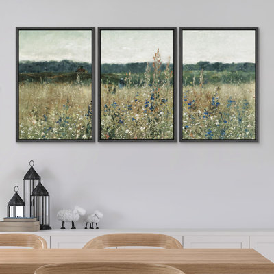 " Pastoral Fields Rustic Wildflower Countryside Floral Landscape Illustration Rustic Artwork Ultra " 3 - Pieces on Canvas
