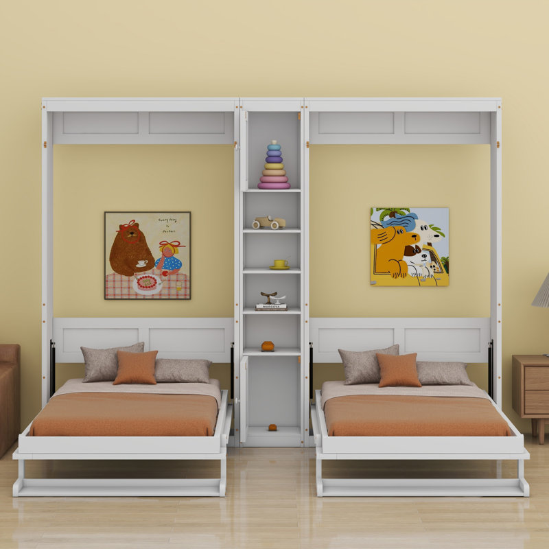 Dual Murphy Beds With Cabinets And Shelves, White