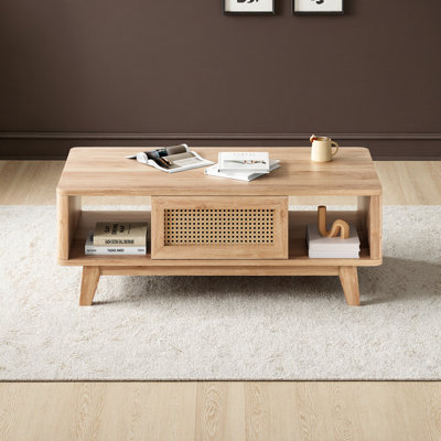 Mid-Century Storage Coffee Table with Rattan Drawer