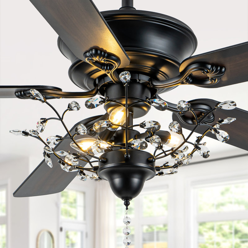 Engebretson 52 Inch Black Modern Crystal Ceiling Fan with Lights and Remote, 6 Speeds DC Motor Reversible Chandelier Ceiling Fan with Crystals