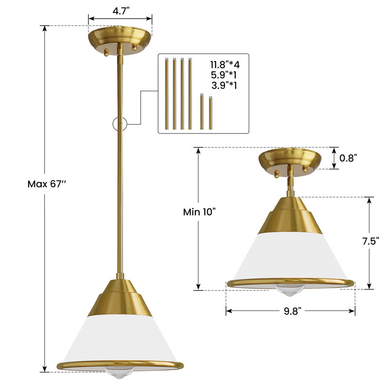 10 in 1-Light Modern Cone Pendant Light With White Frosted Glass Adjustable Height, Brushed Gold