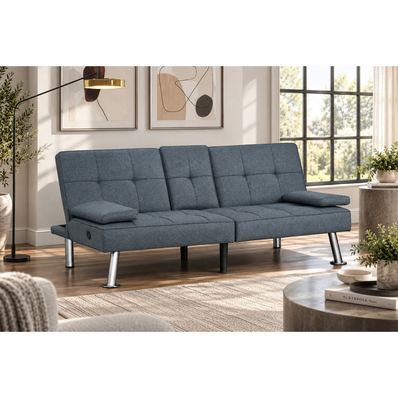 SoftHaus 65" Modern Gray Convertible Futon Sofa Bed with Fold-Down Console, USB Charging Ports and Cupholders