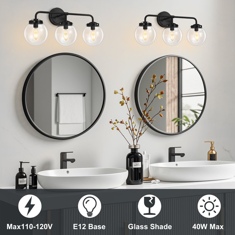 Airabelle Bathroom Vanity Lighting With Clear Shades Dimmable Bathroom Light Fixtures, Matte Black, 3