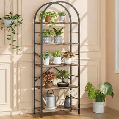 Arched Five-Tier Bookshelf, Suitable For Home And Office Use, CD And Book Storage And Organization, Modern Bedroom And Living Room, Retro Brown.