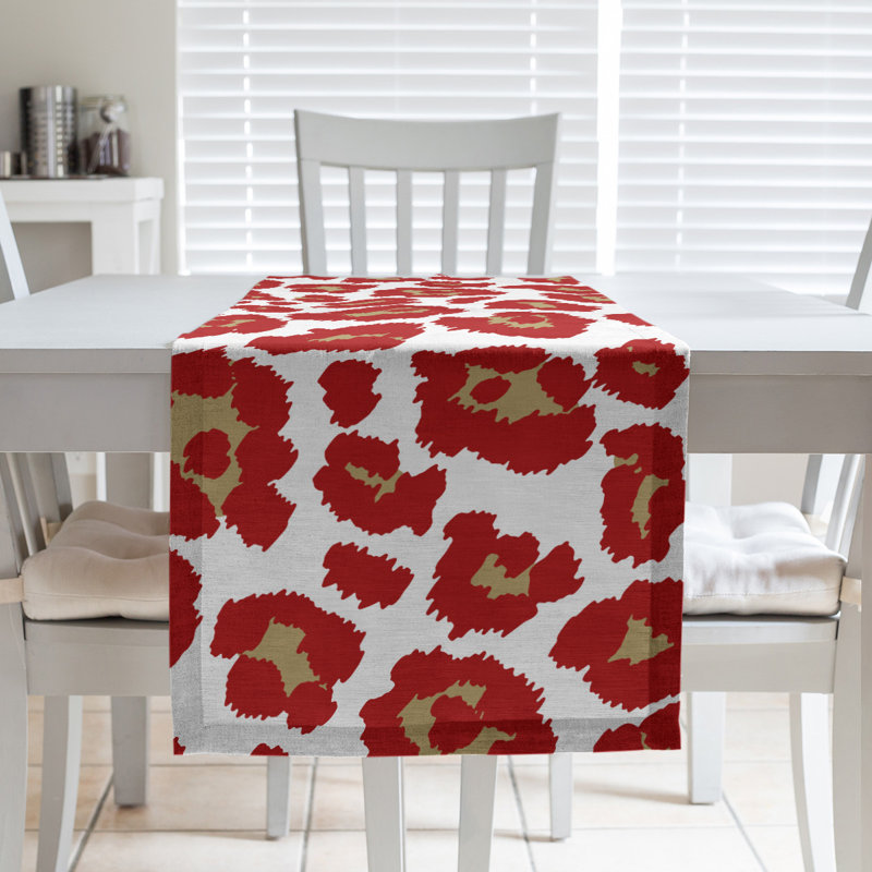 Animal Print Table Runner, 90" x 16", White/ Red/ Tan