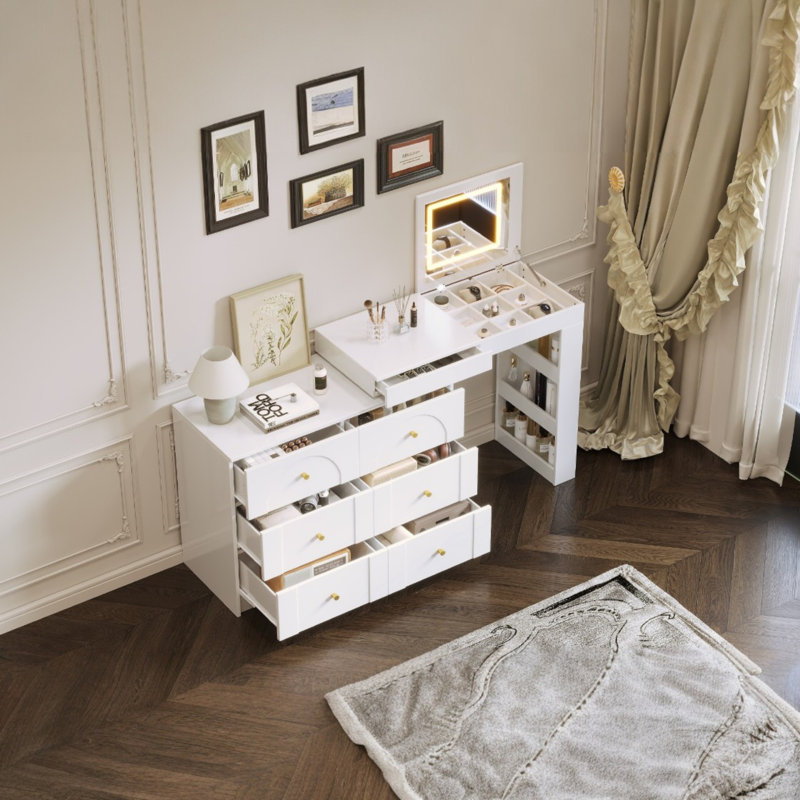 Maurece Rotatable Vanity Desk With Mirror And Adjustable LED Lights, Makeup Vanity With Flip-Top Tabletop And 7 Drawers