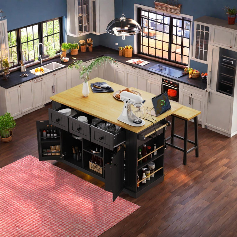53-inch Large Kitchen Island Set with Bar Stools and Power Outlet, Black