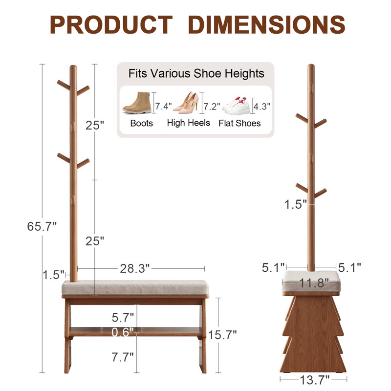 Solid Wood Entryway Bench with Integrated Shoe Rack & Coat Hooks – Angled Side Design, Brown
