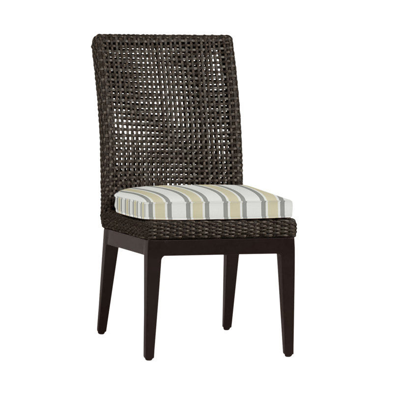Peninsula Patio Dining Side Chair with Cushions, Mahogany/Chestnut, Welt, Paper Sky