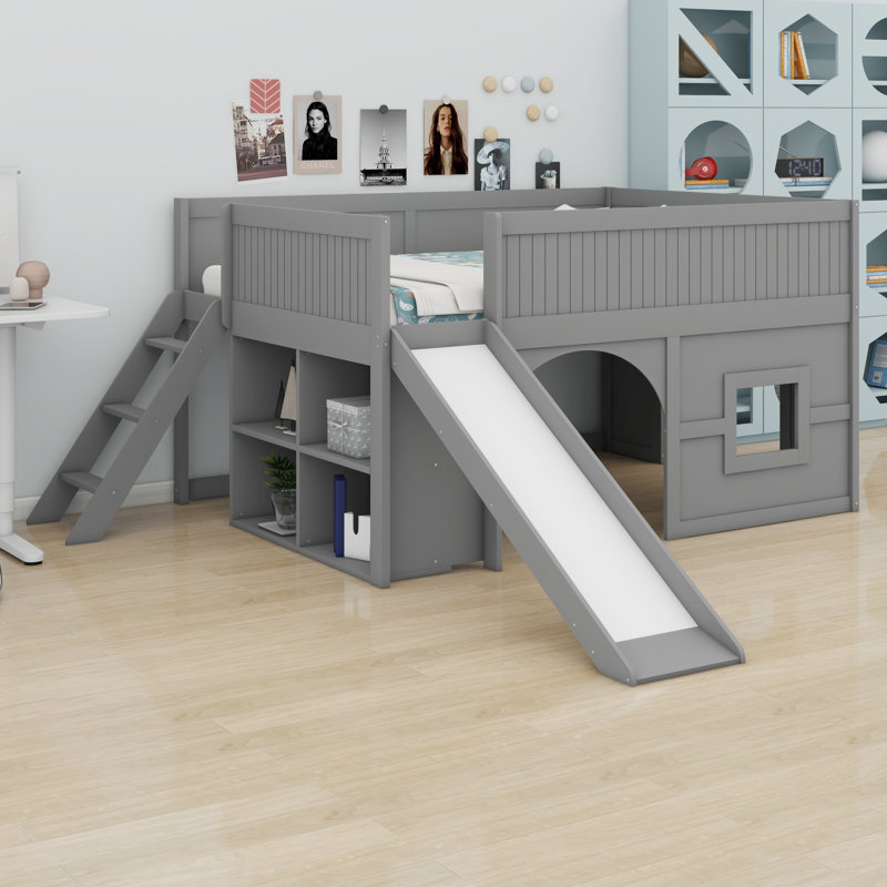 Low Profile Loft Bed Featuring A Slide And Shelves, Gray