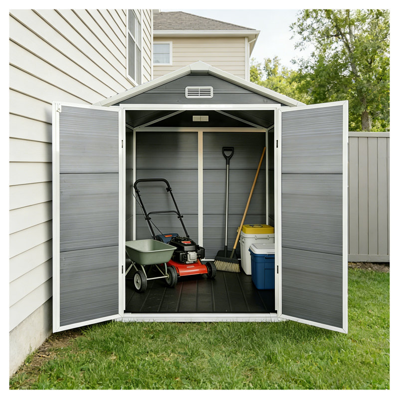 Remise de rangement extérieure en plastique grise 6 x 6 pi avec plancher, porte verrouillable, fenêtre et évent