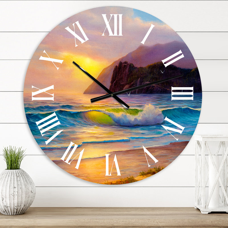 Morning Sunlight On The Sea Waves V - Nautical & Coastal Wall Clock, Small