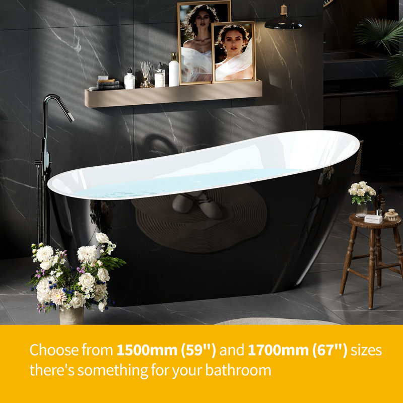 67" Freestanding Acrylic Bathtub, Deep Soaking Tub with Non-Slip Base & Chrome Drain, Modern Tub for Bathrooms, Black Upturned