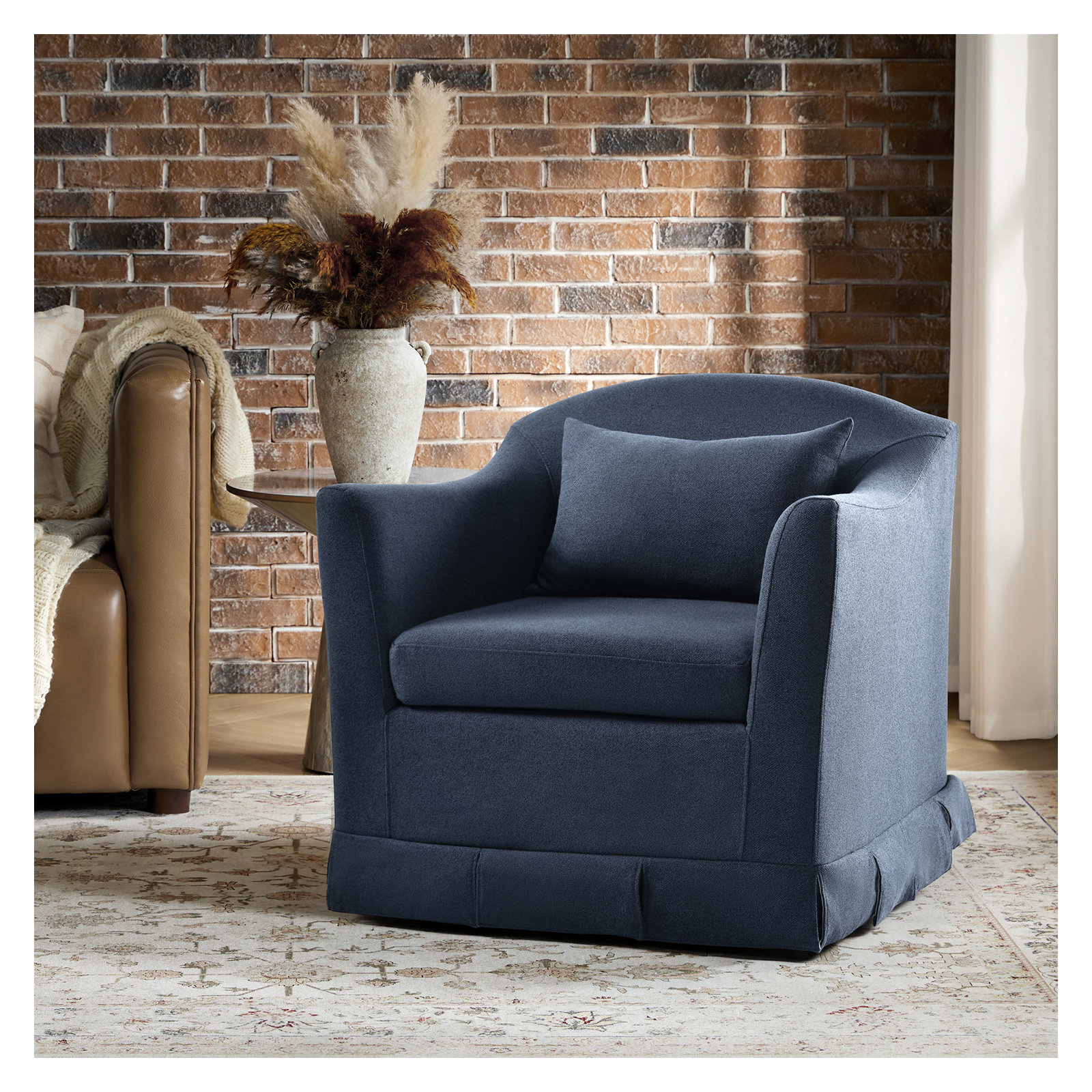 Patricia Modern Farmhouse Slipcovered Swivel Armchair, Navy Polyester