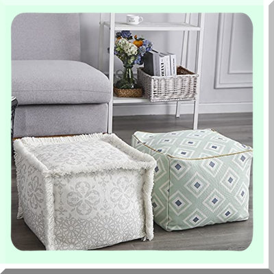 Boho Chic Square Pouf Cover - Stylish Home Decor Ottoman Chair Cover - White - Unstuffed Pouf Slipcover