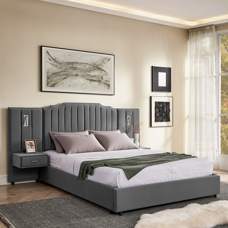 Structure de lit tapissier avec tissu en velours, conception à rayures verticales avec boutons autour du lit plateforme avec tête de lit, structure solide et table de chevet - aucun sommier nécessaire