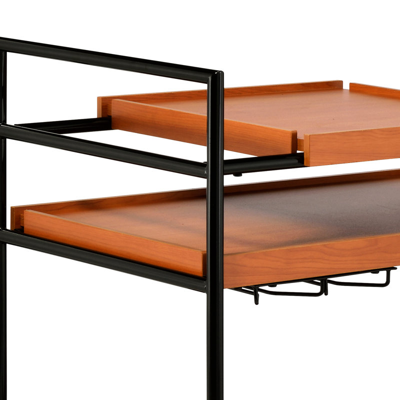Chariot de service réglable en chêne miel et noir, porte-verres à pied, 3 compartiments ouverts pour le rangement, 4 roulettes, cadre en métal robuste, luminaire de salle à manger