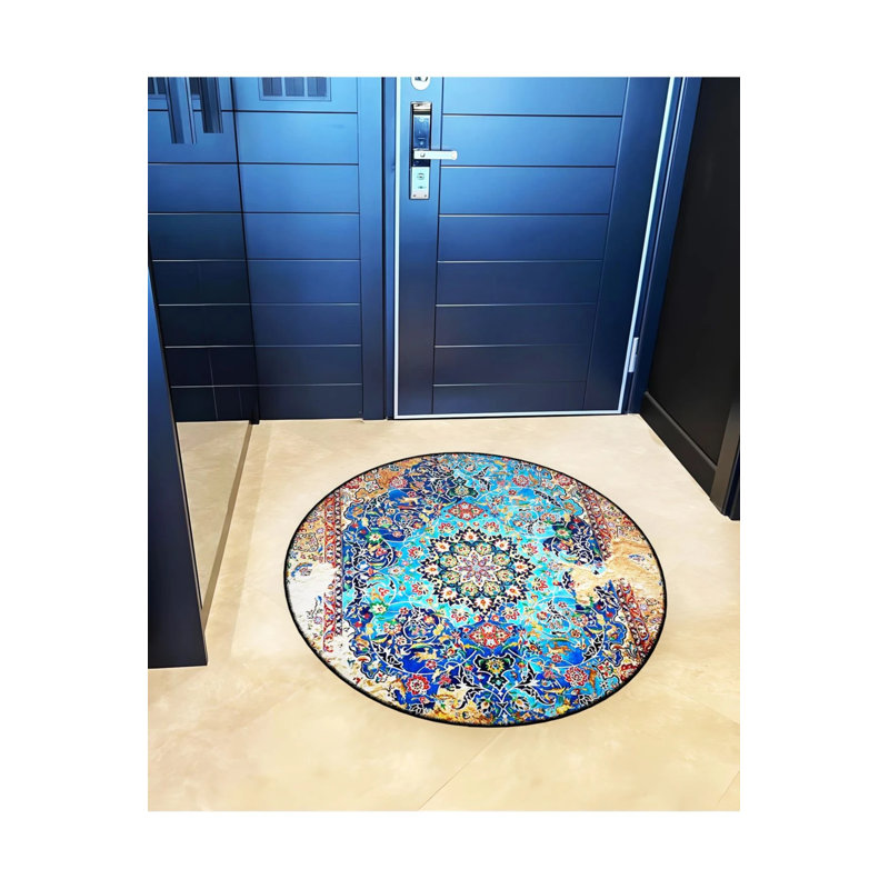 Multicolored Abstract Motif Patterned Round Woven Base Vintage Decorative Carpet, Round 4'