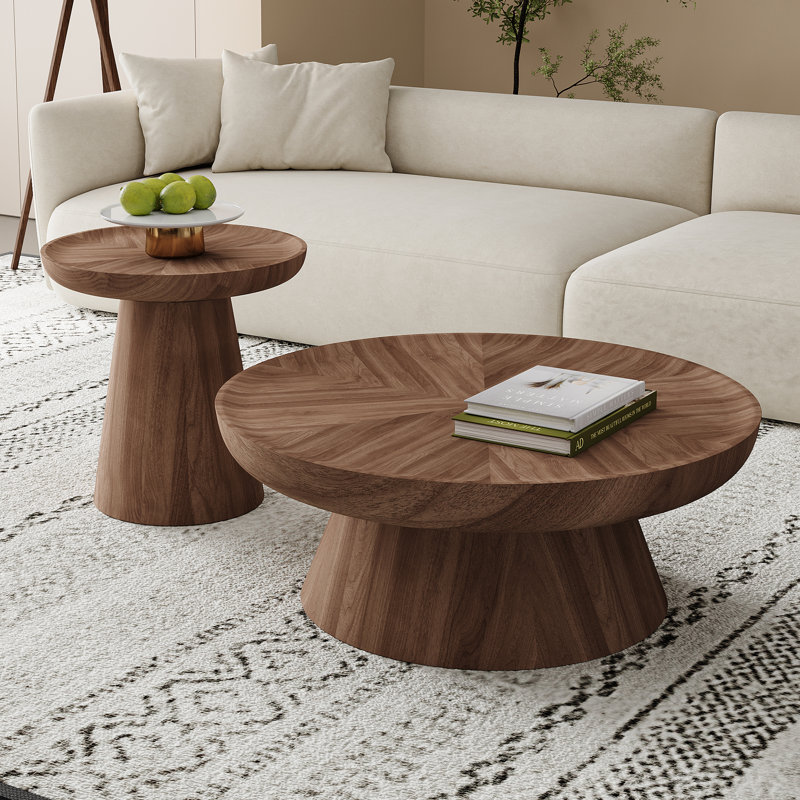 Ensemble de 2 tables basses rondes en noyer brun pour le salon, placage en bois massif, Brun